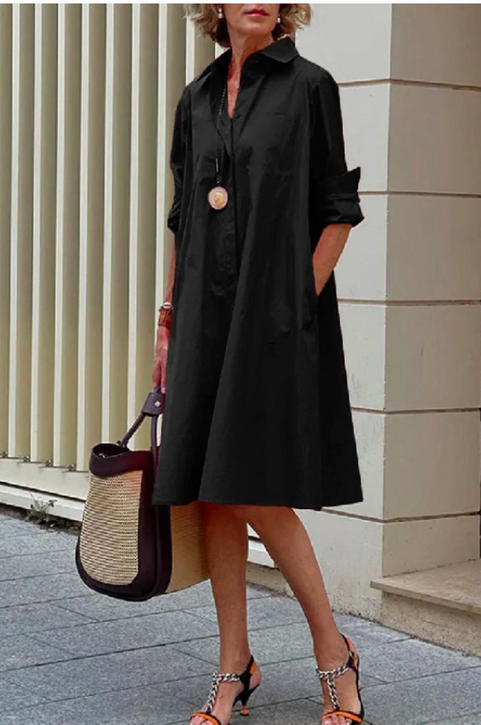 Simple Long Sleeves Solid Colour Lapel Midi Shirt Dress - BLACK
