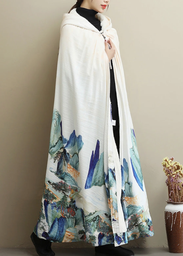 A Winter Favourite Unisex Thickened Vintage White Printed  Maxi over Cape with Hood Free Size