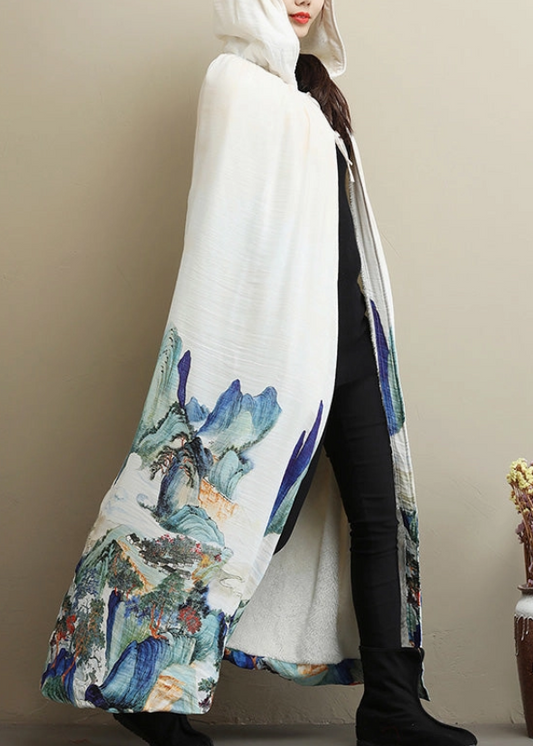 A Winter Favourite Unisex Thickened Vintage White Printed  Maxi over Cape with Hood Free Size
