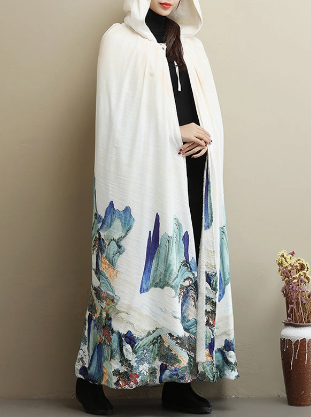 A Winter Favourite Unisex Thickened Vintage White Printed  Maxi over Cape with Hood Free Size