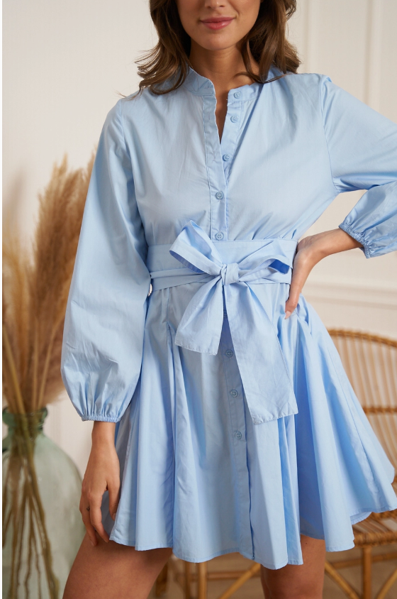 Sonia Skater Dress in 100% Cotton Cute Short Dress - White with small Bishop long sleeve