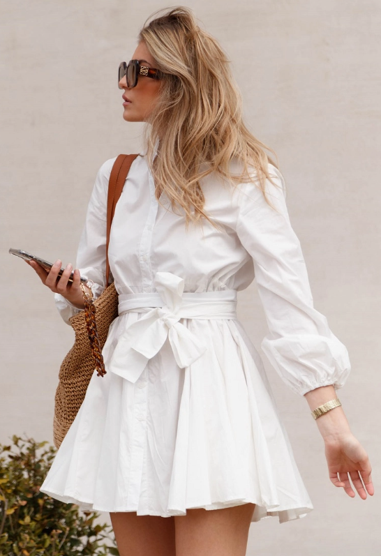 Sonia Skater Dress in 100% Cotton Cute Short Dress - White with small Bishop long sleeve