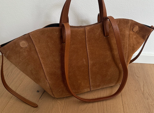 Daffi- Suede Feel Good Ladies Work Tote Bag Pure 100% Italian Leather and Simple Craftsmanship  - Cognac  Brown