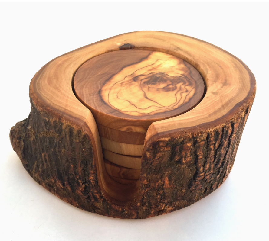 Set of 6 Coasters with Rustic Olive Wood Holder