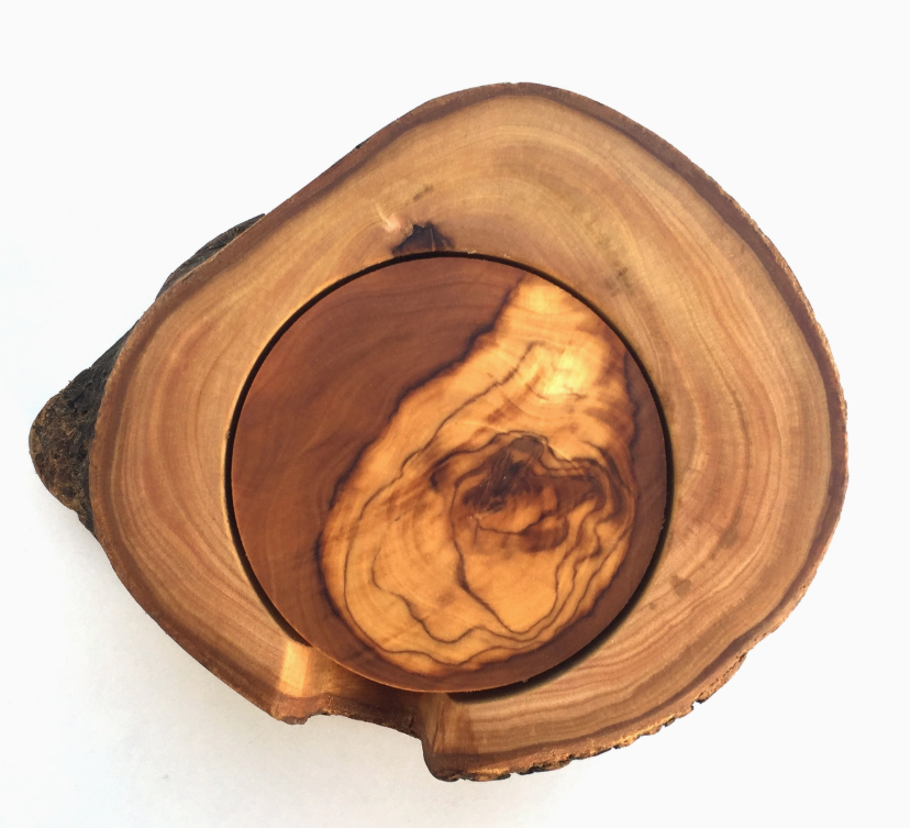 Set of 6 Coasters with Rustic Olive Wood Holder