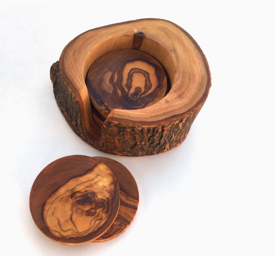 Set of 6 Coasters with Rustic Olive Wood Holder