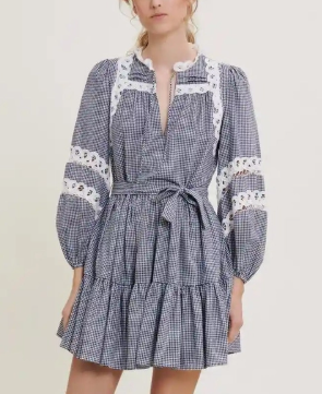 Lace-Trimmed Tiered Gingham Mini Dress 100% Cotton Cutie Ladies party Dress