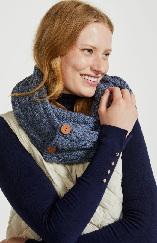 Kilmaine Aran Snood Scarf with Buttons - Denim Blue