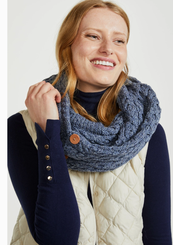 Kilmaine Aran Snood Scarf with Buttons - Denim Blue