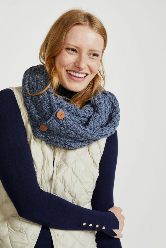 Kilmaine Aran Snood Scarf with Buttons - Denim Blue