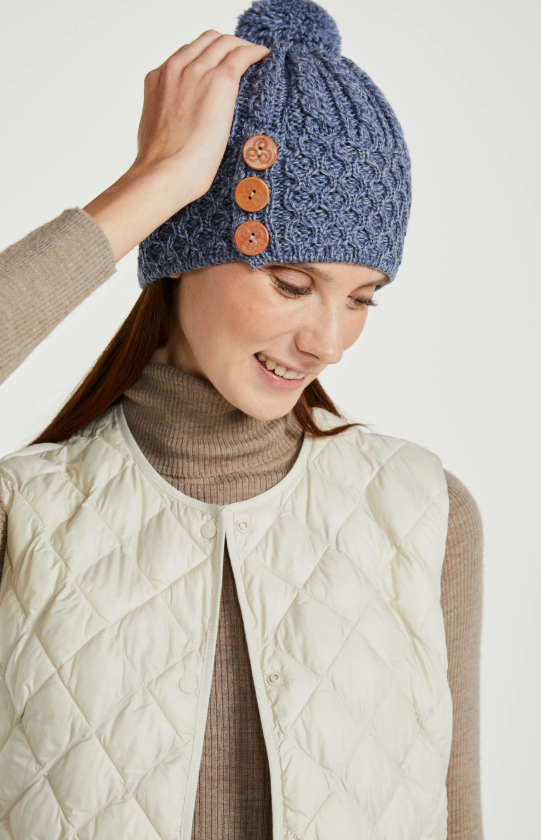 True Irish Shrule Aran Warm Beautiful Ladies Winter  Hat with Pom Pom - Blue Denim Colour