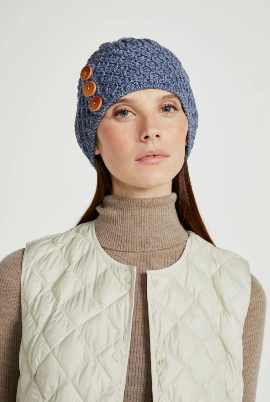 True Irish Shrule Aran Warm Beautiful Ladies Winter  Hat with Pom Pom - Blue Denim Colour