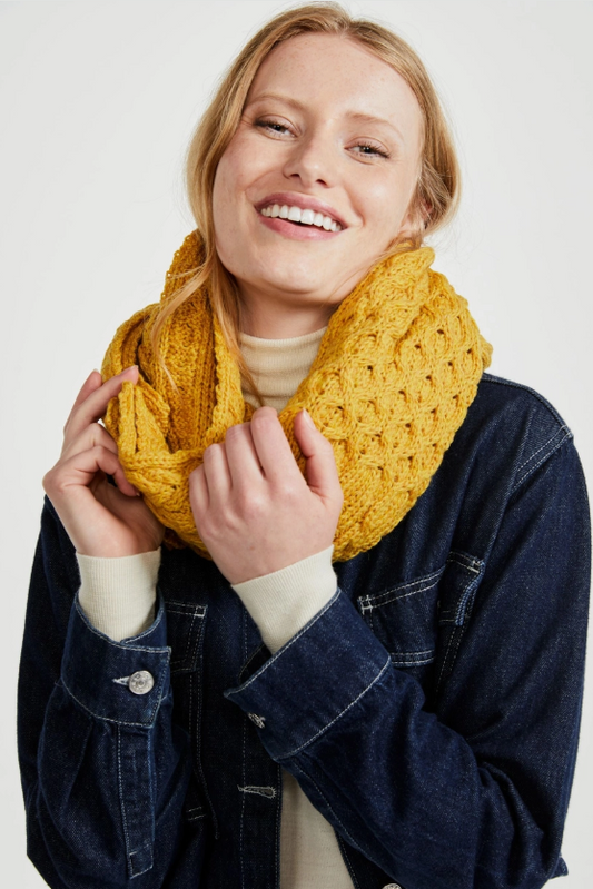 True Aran Irish  ladies Kilmaine Aran Snood Scarf Pure Merino Wool Beautifully Hand Knitted with Buttons - Yellow (Copy)