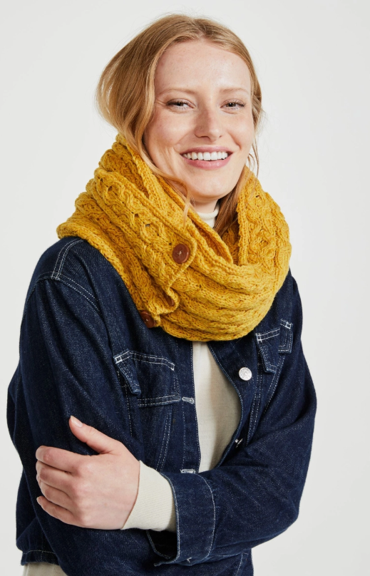 True Aran Irish  ladies Kilmaine Aran Snood Scarf Pure Merino Wool Beautifully Hand Knitted with Buttons - Yellow