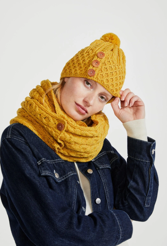 True Arran 100% Merino Wool Shrule Aran Hat with Pom Pom - Ladies Yellow Knitted Hat