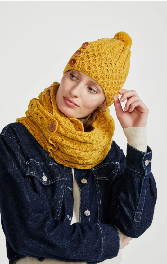 True Arran 100% Merino Wool Shrule Aran Hat with Pom Pom - Ladies Yellow Knitted Hat