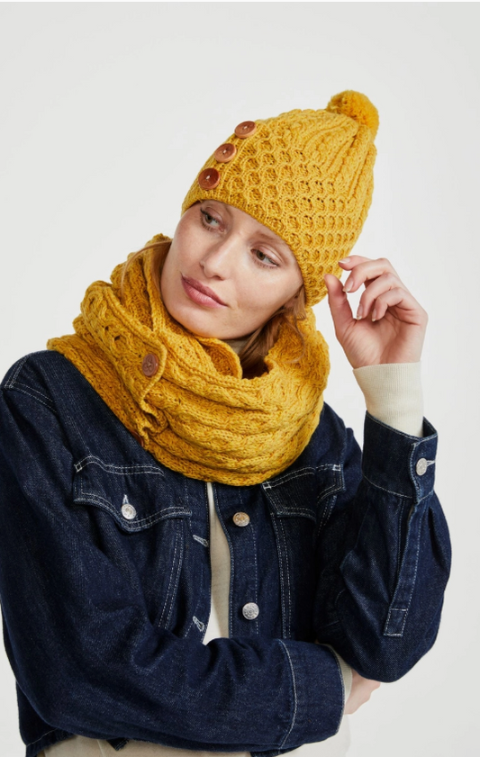 True Arran 100% Merino Wool Shrule Aran Hat with Pom Pom - Ladies Yellow Knitted Hat