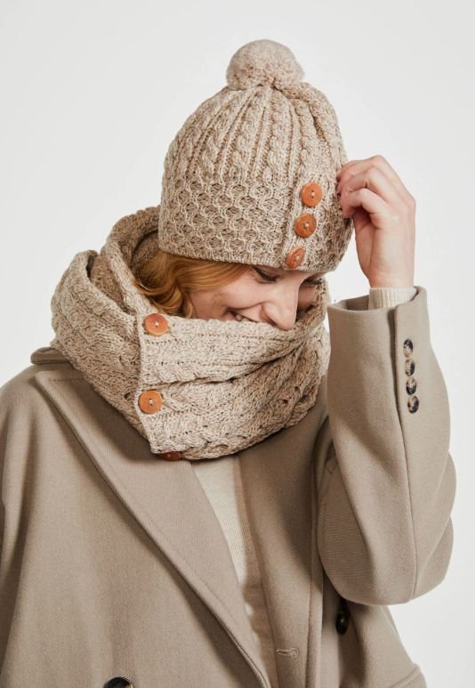 Shrule Aran Hat with Pom Pom True Irish Aran Hand knitted 100% Merino Wool Beautiful Ladies Winters Hat - Beige  Oat