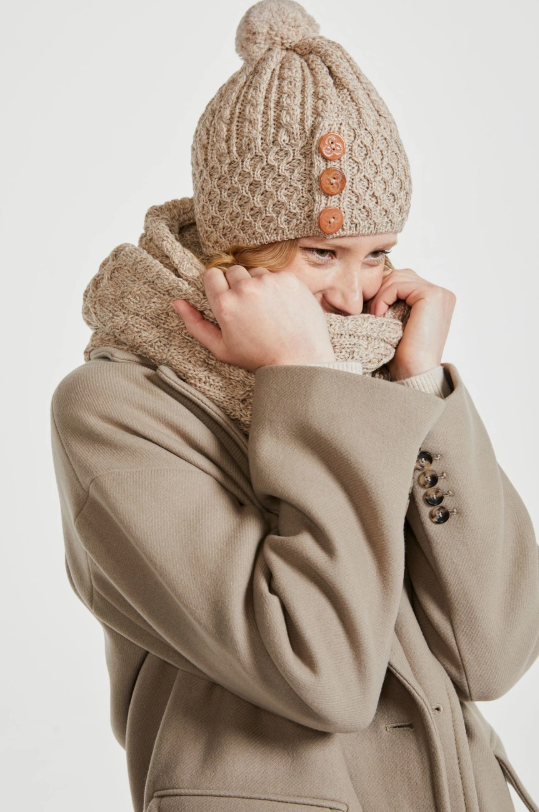 Shrule Aran Hat with Pom Pom True Irish Aran Hand knitted 100% Merino Wool Beautiful Ladies Winters Hat - Beige  Oat