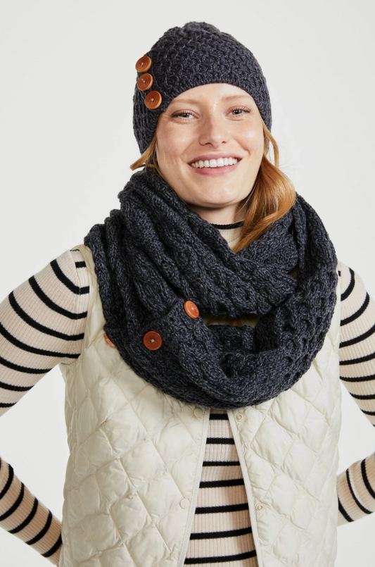 Shrule Aran Beautiful 100% Merino Wool Ladies Hat with Pom Pom - Charcoal Grey