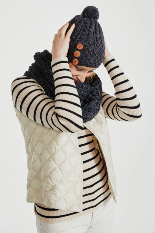 Shrule Aran Beautiful 100% Merino Wool Ladies Hat with Pom Pom - Charcoal Grey