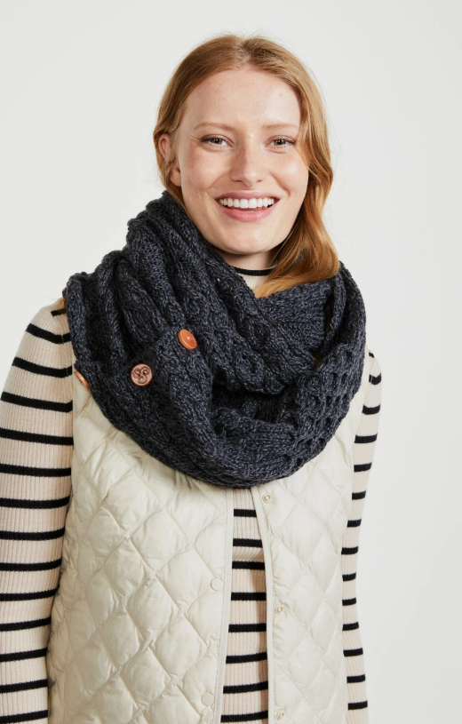 Kilmaine Aran  True Irish 100% Merino Wool Snood Scarf with Buttons - Charcoal