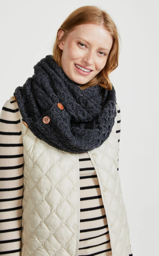 Kilmaine Aran  True Irish 100% Merino Wool Snood Scarf with Buttons - Charcoal