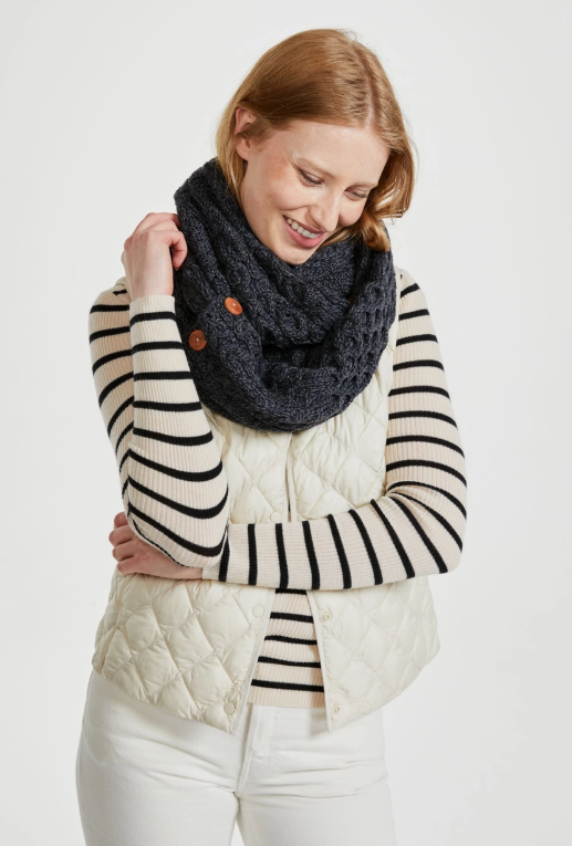 Kilmaine Aran  True Irish 100% Merino Wool Snood Scarf with Buttons - Charcoal