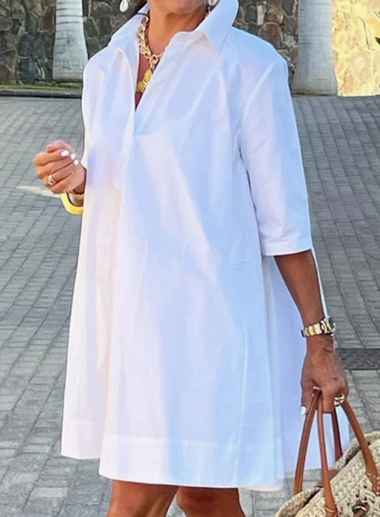 Half Sleeves Loose and Cute Midi 100% Cotton Dress. White