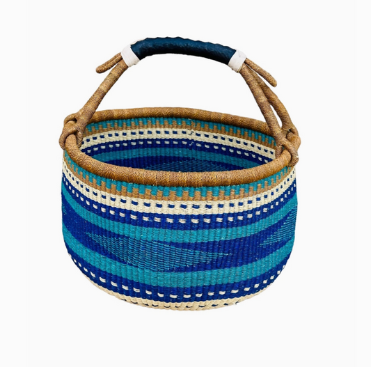 Extra Large Round Beautiful Durable African Basket | Bolga Ghana Shopping Basket - Blue & Turquoise