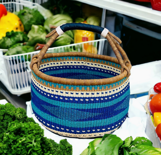 Extra Large Round Beautiful Durable African Basket | Bolga Ghana Shopping Basket - Blue & Turquoise