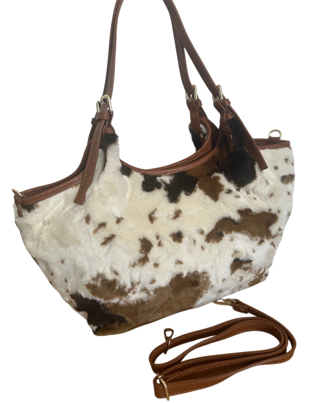 A Lovely Zhade  Pure Handmade Italian Leather craftsmanship and decorative Faux Fur Animal Print overlay Tote Bag BROWN