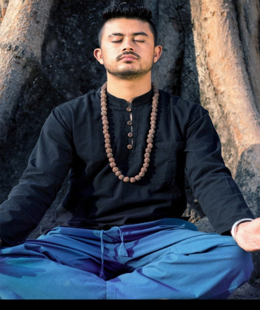 NAMASTE Kathmandu Long Sleeve Kurta Shirt Colour Petrol Blue / Navy Blue  XL