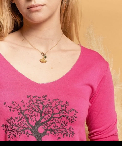 LINEN AND COTTON Angora Lurex Wool Sweater.  Tree of Life Long Sleeve Shirt Colour Fuxia/Cherry Pink  One Size