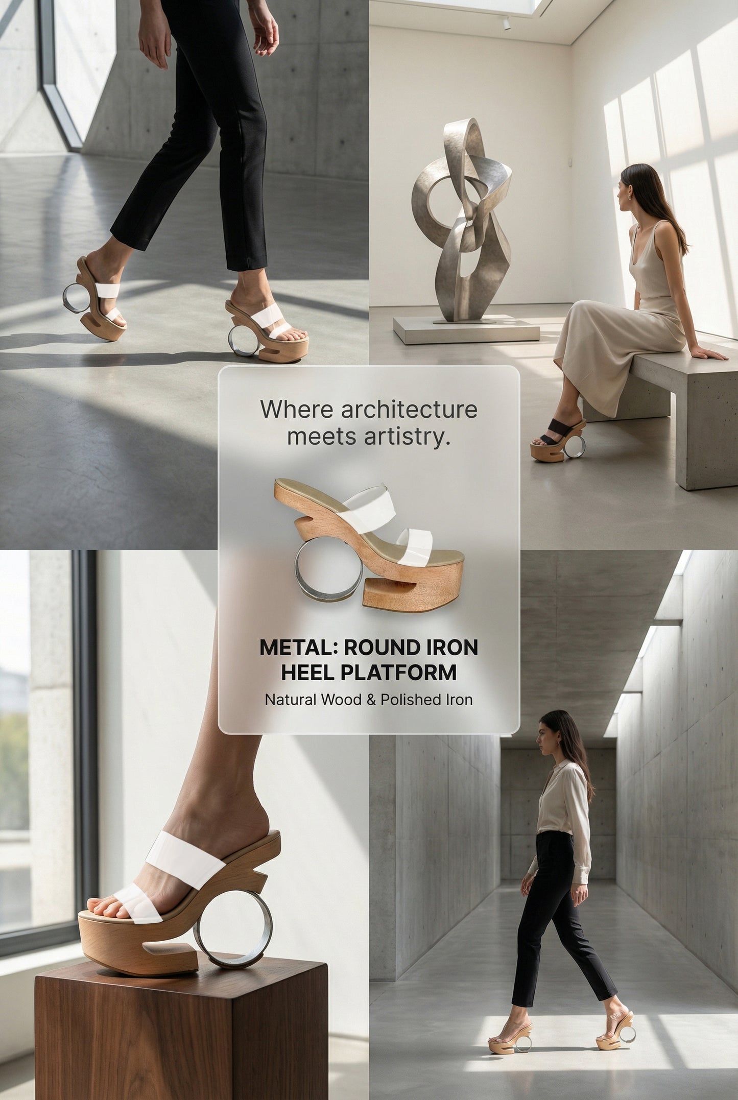 Metal: Round Iron Heels Wooden clog Platform, Show Stopper, White leather Strap